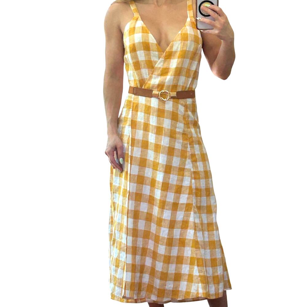 Reformation Beverly Juene Linen Wrap Mini Dress - Yellow Gingham Check Size S